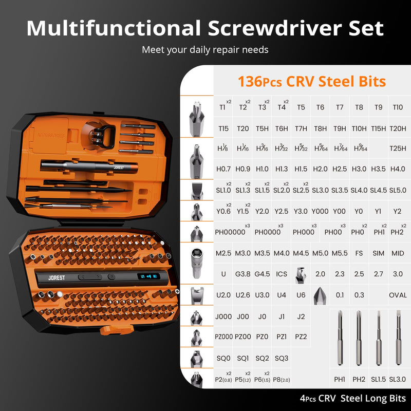 JOREST 155 in 1 Mini Electric Screwdriver Cordless, Precision Power Screwdriver Set, 5 Torque Levels (Max 0.75N.m), Gifts for Men, Magnetic Repair Tool Kit for iPhone, PC, Laptop, PS4 PS5, Xbox, Watch 155 in 1 Electric