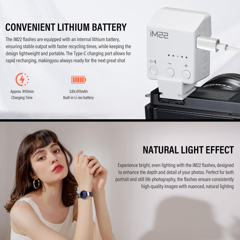 Godox iM22 Camera Flash Mini Flash 470mAh 440 Full-Power Flash | 5 Levels for Sony zve10,zv1 etc, Canon, Nikon,Fuji, Olympus Cameras White