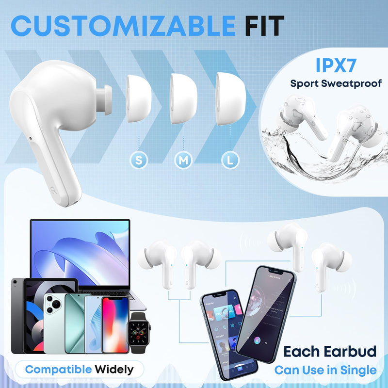 Wireless Earbuds Bluetooth 5.4 Headphones, Noise Cancelling Mic Ear Buds with 50H Playback, LED Digital Display, IPX7 Waterproof Earphones for Office/Running/Workout White