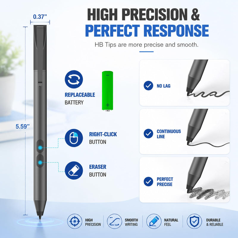 Active Pen for Dell 2-in-1 Touchscreen Laptop, MPP Stylus, Palm Rejection | 1024 Pressure Level, Palm Rejection, Dual Shortcut Buttons, 2500-Hour Battery for Inspiron 5379/7586, Latitude 3190/3390/7230 Black