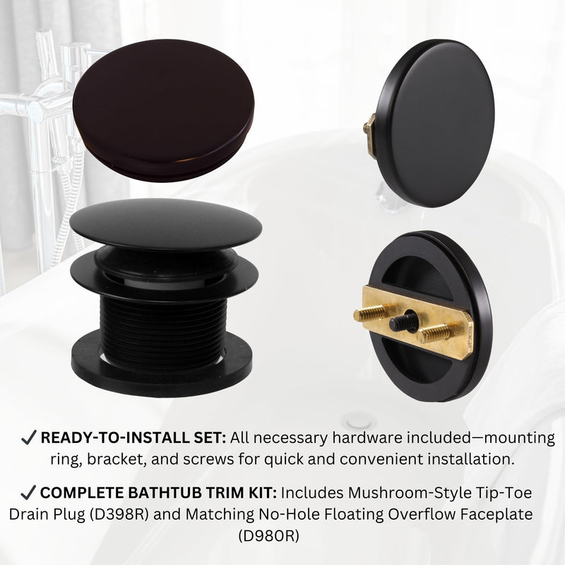 Westbrass A398RK-62 1-1/2" NPSM Coarse Thread Mushroom Tip-Toe Bathtub Drain Stopper with Illusionary Overflow Faceplate, Matte Black