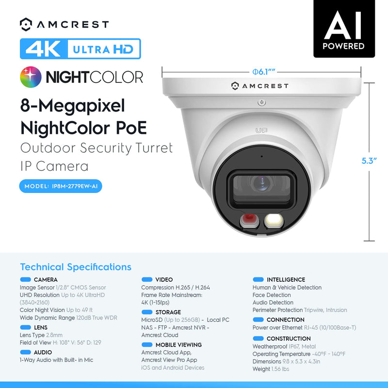 Amcrest UltraHD 4K (8MP) IP PoE AI Camera, 49ft Nightcolor, Security Outdoor Turret Camera, Built-in Microphone, Human Detection, Active Deterrent, 129° FOV, 4K@15fps IP8M-2779EW-AI (White) White