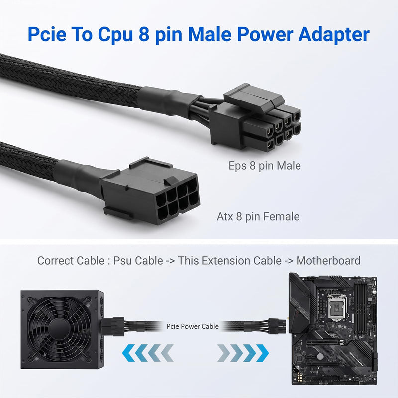 8 Pin CPU Power Adapter PCIe 8 Pin Female to CPU 8pin (4+4) Male | 30cm 8 Pin Connector Adapter Converter Sleeved Cable