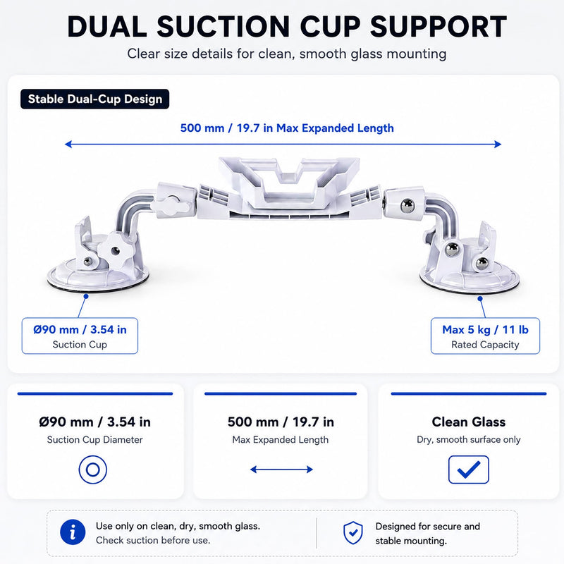 for Starlink Mini: Suction Cup Window Mount, Dual 3.5-Inch Cups | Dedicated lock; multi-joint arm holds position, folds flat for travel.
