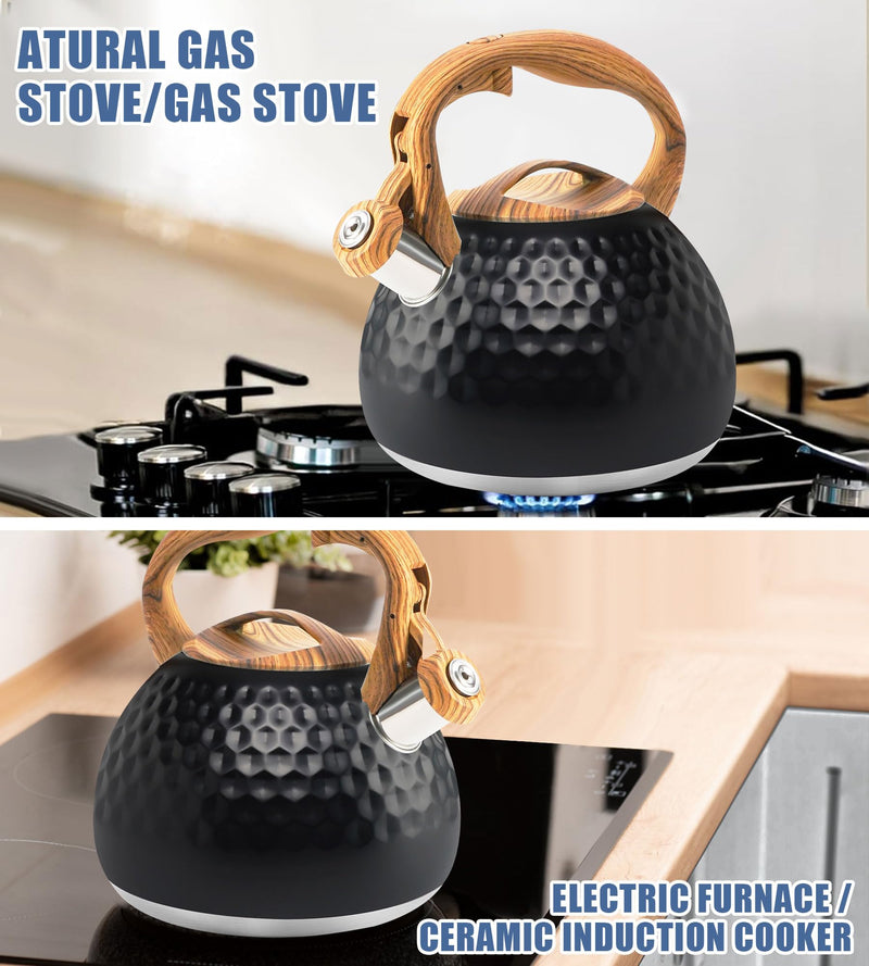 Tea Kettle Stovetop, 3.2 Qt Stainless Steel Whistling Kettle for Stove Top, Food Grade Teapot with Wood Pattern Handle for Coffee, Milk etc, Gas Electric Applicable (Black) Black