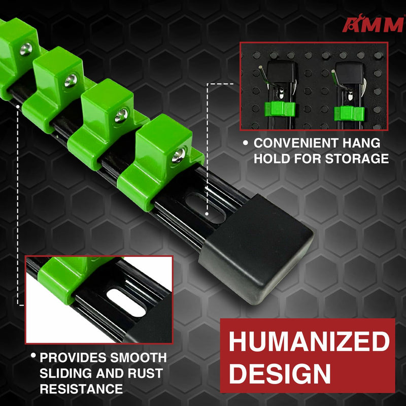 AMM 9-Piece Socket Organizer, 1/2 inch, 3/8 inch and 1/4 inch Drive ABS Tools-Green Socket Holder,Heavy Duty Socket Racks, Premium Quality Socket Clip Rail Holder,The Best Tool Trays in The Garage 9PC Green