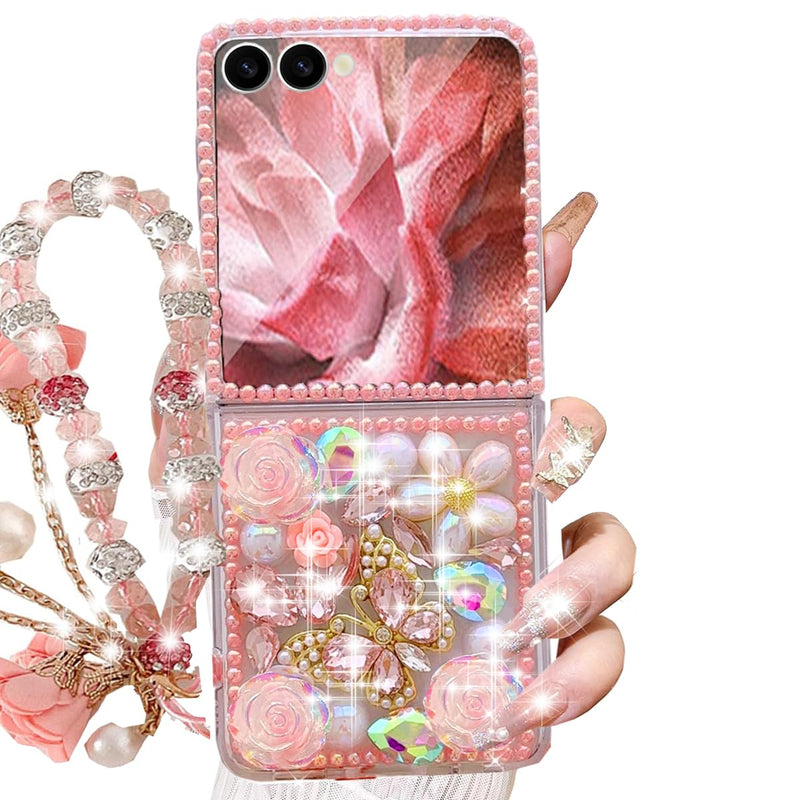 Changjia for Samsung Galaxy Z Flip 8 5G Glitter Bling Case,Cute 3D Sparkle Pearl Butterfly Crystal Rhinestones Flowers Diamonds Gems with Lanyard Wrist Strap Women Girls Case for Galaxy Z Flip 8,Pink Pink