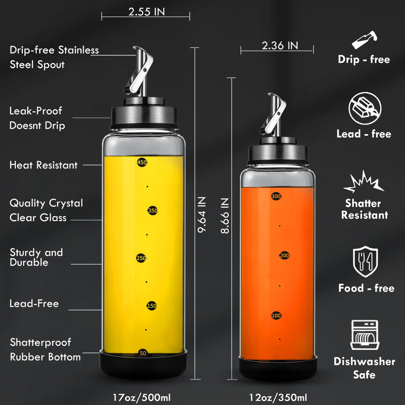 Glass Olive Oil Dispenser Bottle for Kitchen Shatterproof & Leakproof Cooking Oil Dispenser with Stainless Steel Spout & Rubber Bottom 17 oz Heat Resistant Olive Oil Bottle Clear - Premium Glass Bottle