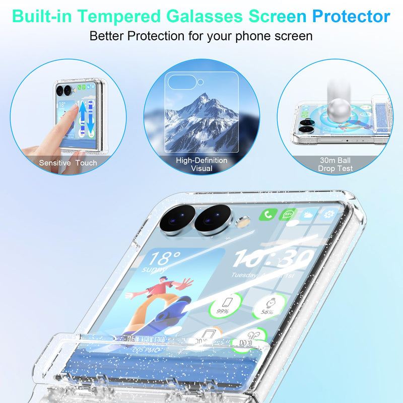 For Samsung Galaxy Z Flip 8 Case Clear Sparkle with Hinge Protection | Built-in Glass Screen Protector for Flip 8 Protective Phone Case Cover Clear Glitter