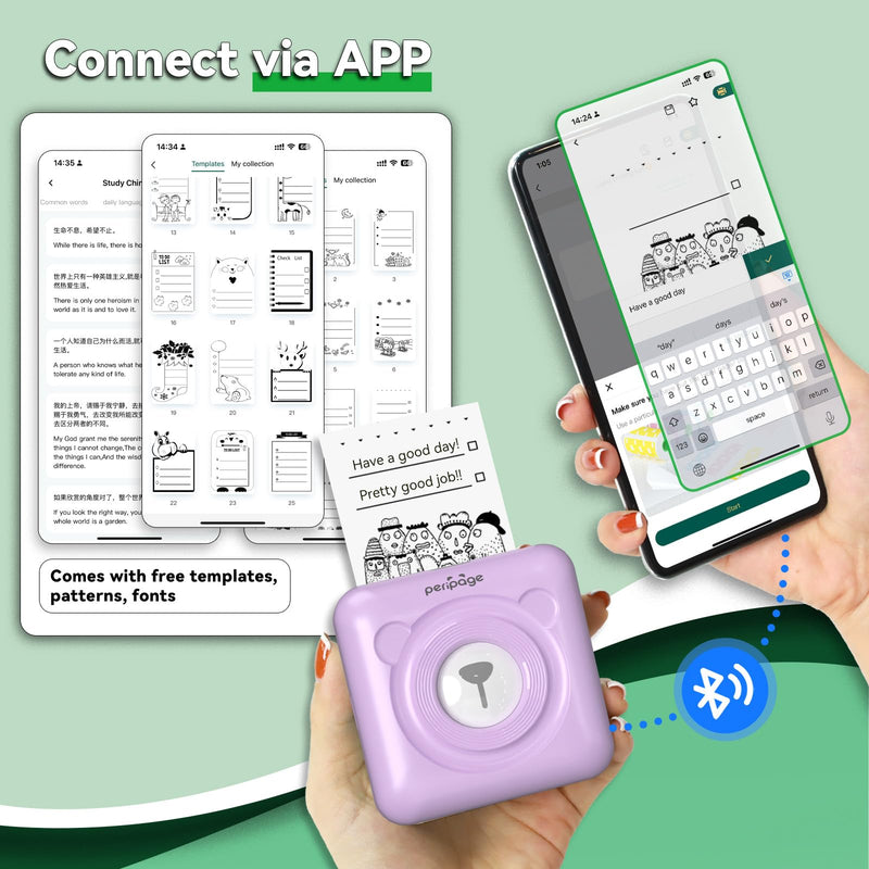 A6 Mini Printer, Portable Thermal Printer, Mini Sticker Printer, Bluetooth Connected Phone, Compatible with iOS and Android, Printable Labels, Receipts, Notes, Photos (Purple) Purple