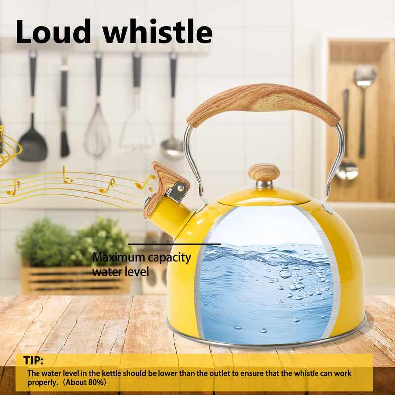 Tea Kettle,Whistling Tea Kettle Stovetop 2.6 Quart, Tea Pots for Stove Top Food Grade Stainless Steel,Wood Pattern Handle(Yellow),With Anti Scald Towel Yellow