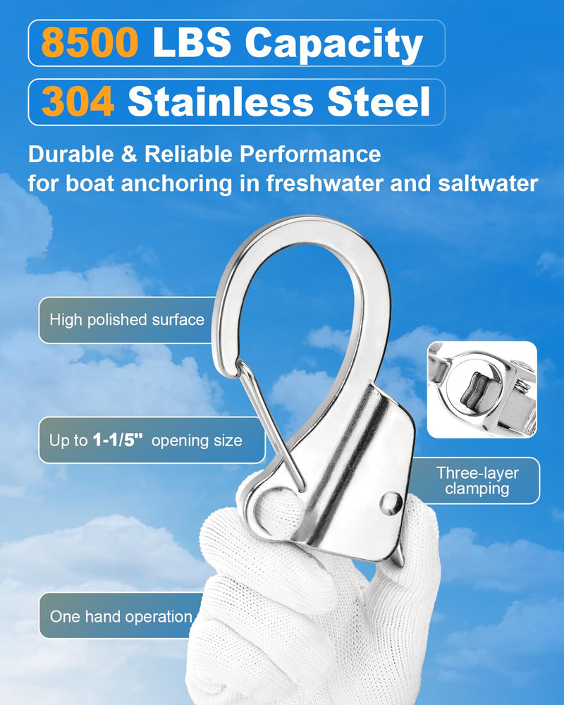 Boat Anchor Hook, Stainless Steel Adjustable Sliding Rope Holder, Knotless Quick Release Marine Line Clip for 3/8" - 5/8" Lines, Max. 8500 lbs Capacity (2 Pack) 2 PACK