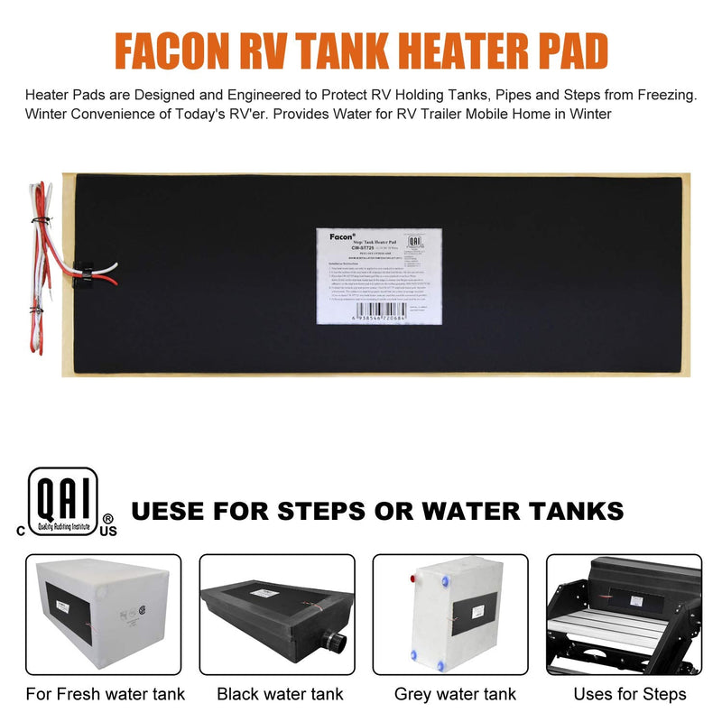 Facon 7-1/4" x 25" 12V RV Tank Heater Pad with Automatic Thermostat, QAI Certified, Prevents Freezing for Fresh, Grey, Black Water Tanks, Up to 50 Gallons 1 Pack