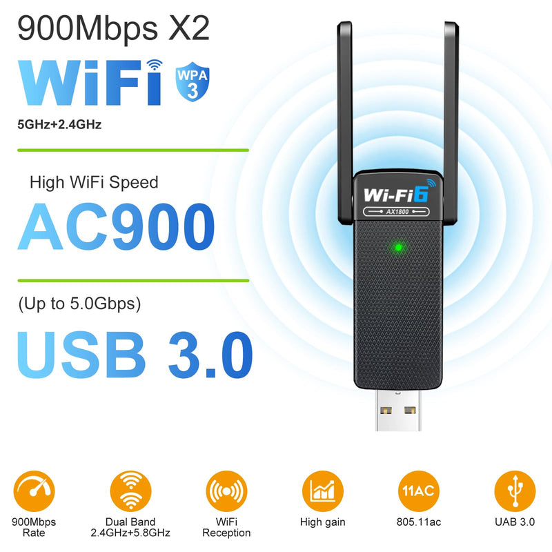 USB WiFi 6 Adapter with Bluetooth 5.2, Dual 3dBi Antennas for 5GHz/2.4GHz Wireless Network - High-Speed Dual Band Adapter for Desktop PC, Laptop, Windows 11/10/7, Gaming/Streaming Compatible Black