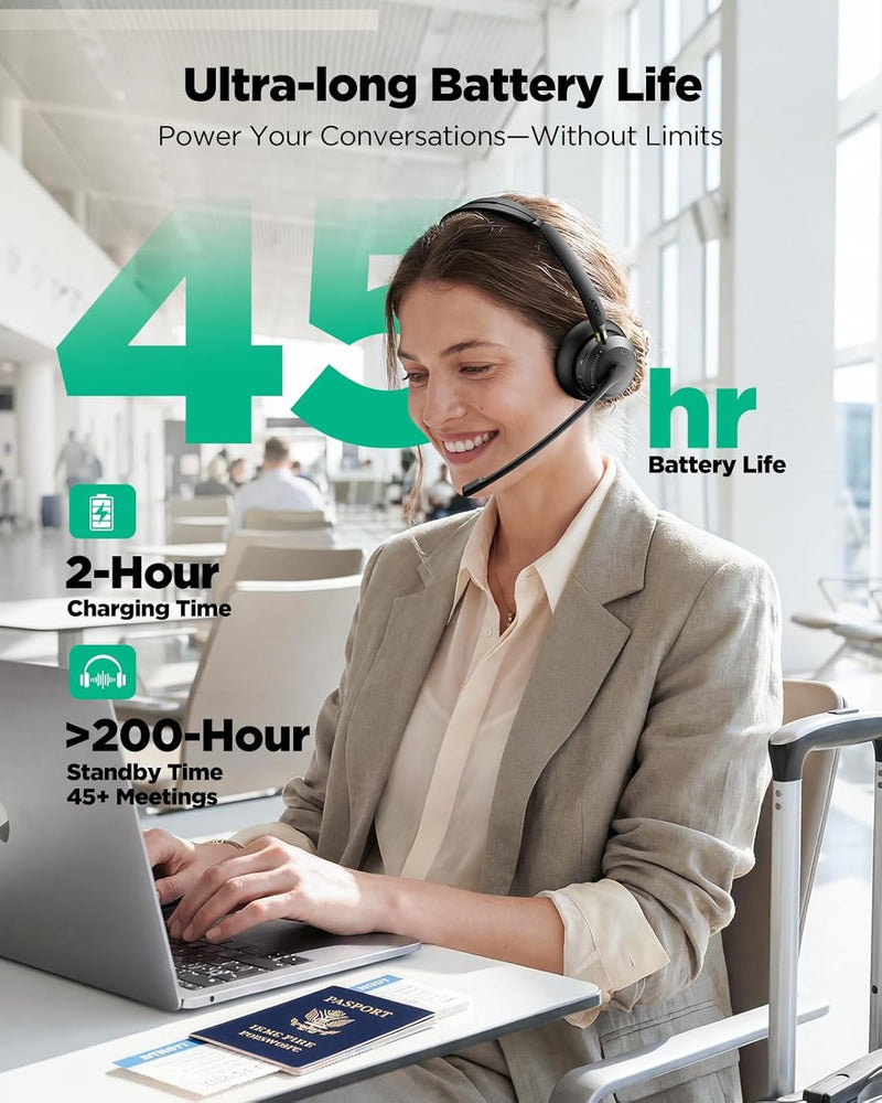 Wireless Headset with Mic for Work,Bluetooth Headset for Calls & Meetings | Headset with Microphone for PC, Bluetooth 5.3 & 2.4G Dongle Headphones with Mic for Office/Call Center/Home/Computer/Phones Black Golden