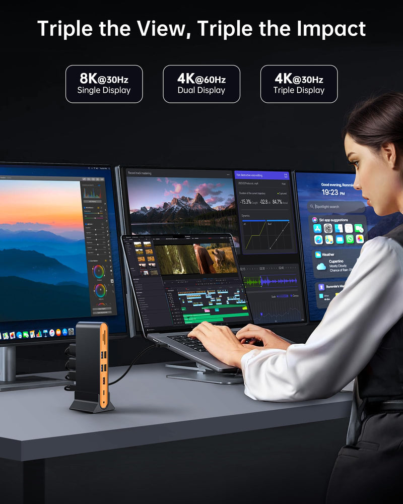 NOVOO 15-in-1 Vertical/Horizontal USB C Docking Station Triple Monitor – 8K@30Hz DP, Dual 4K@60Hz HDMI, 10Gbps USB-A/C, SD/TF, 1Gbps Ethernet,Dual Monitor Adapter Dock for MacBook, Windows Laptops 15 in 1