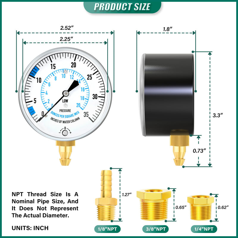 0-35" Natural Gas or LP Gas Manifold Pressure Test Kit, 1/8" NPT Fitting, 40" Feet Hose, Hex Bushing and Barbed Connection, for Kitchen and Industrial Equipment 0-35" W.C
