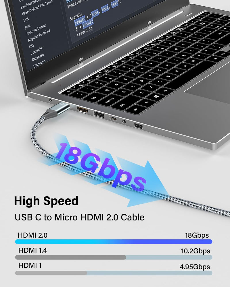 USB C to Micro HDMI Cable 6ft, 4K 60Hz 18Gbps Braided Aluminum for USB C Devices- Samsung Freestyle/ASUS XG17AHP/M80B/Odyssey G8 OLED, Portable Monitor (Source-to-Display)