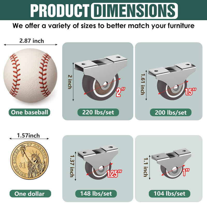 2 Inch Fixed Caster Wheels Low Profile for Furniture Drawers Storage Bins (Brown 8PCS) Brown 8PCS 2 inch