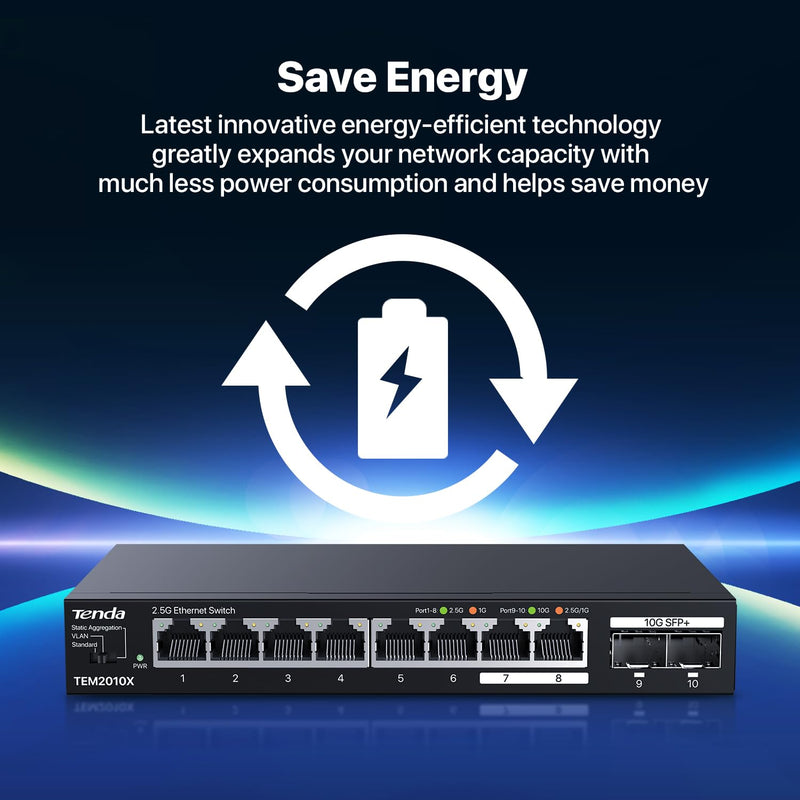 Tenda TEM2010X 8 Port 2.5G Ethernet Switch, Unmanaged 2.5Gb Switch with 8 x 2.5G Ports & 2 x 10Gb SFP+ Slots, Support VLAN & Static Link Aggregation, 80Gbps Switching Capacity, Fanless Metal Design