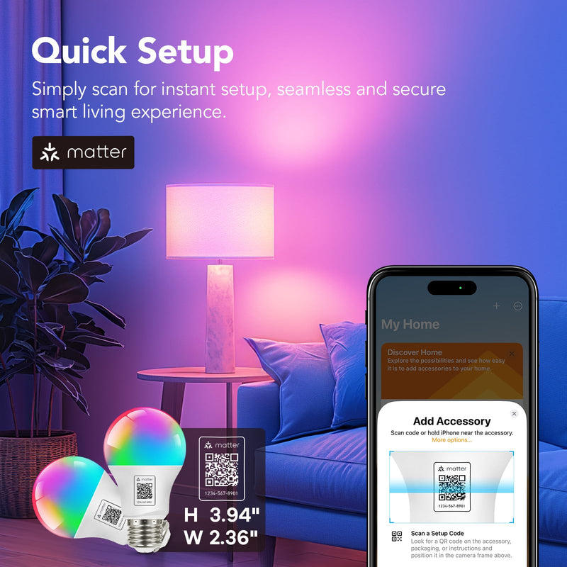 OREiN Matter Smart Light Bulb, Smart Light Bulbs Work with Apple Home, Alexa, Google Home, SmartThings, A19 Color Changing Light Bulbs 2.4Ghz WiFi, 800 Lumens Equivalent 60W 4Pack A19-4Pack