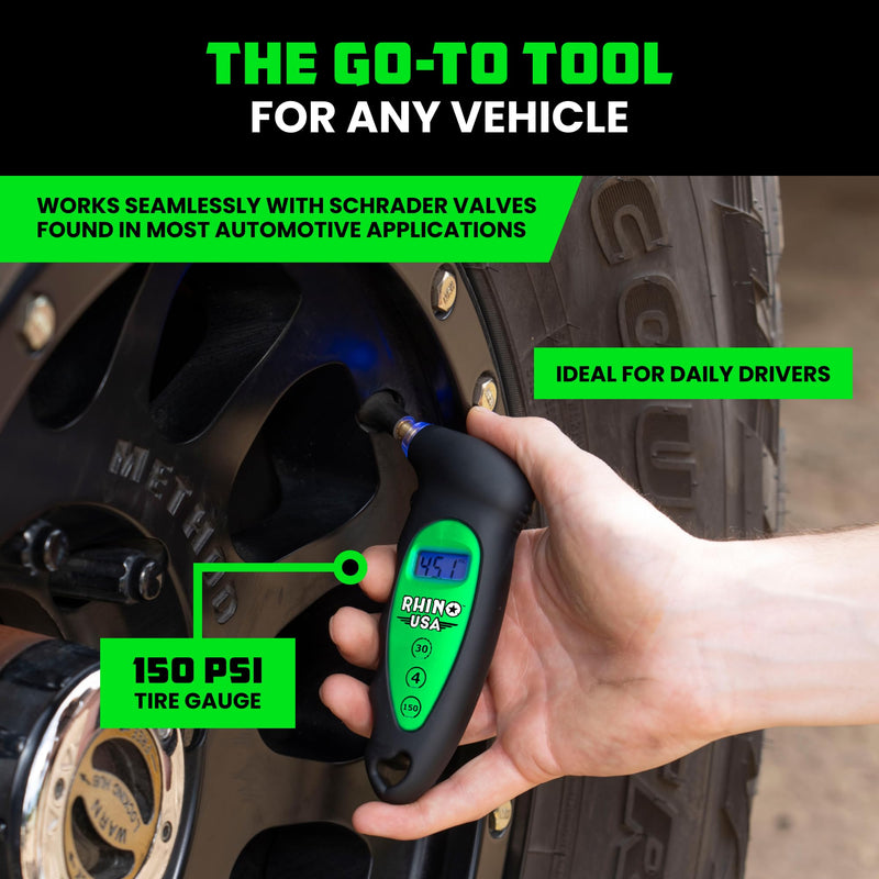 Rhino USA Digital Tire Pressure Gauge 150 PSI, 4 Ranges, Ergonomic Design w/Lighted Nozzle & LCD Backlit Display - Certified Accurate Readings, Best Digital Gage (Green) Green