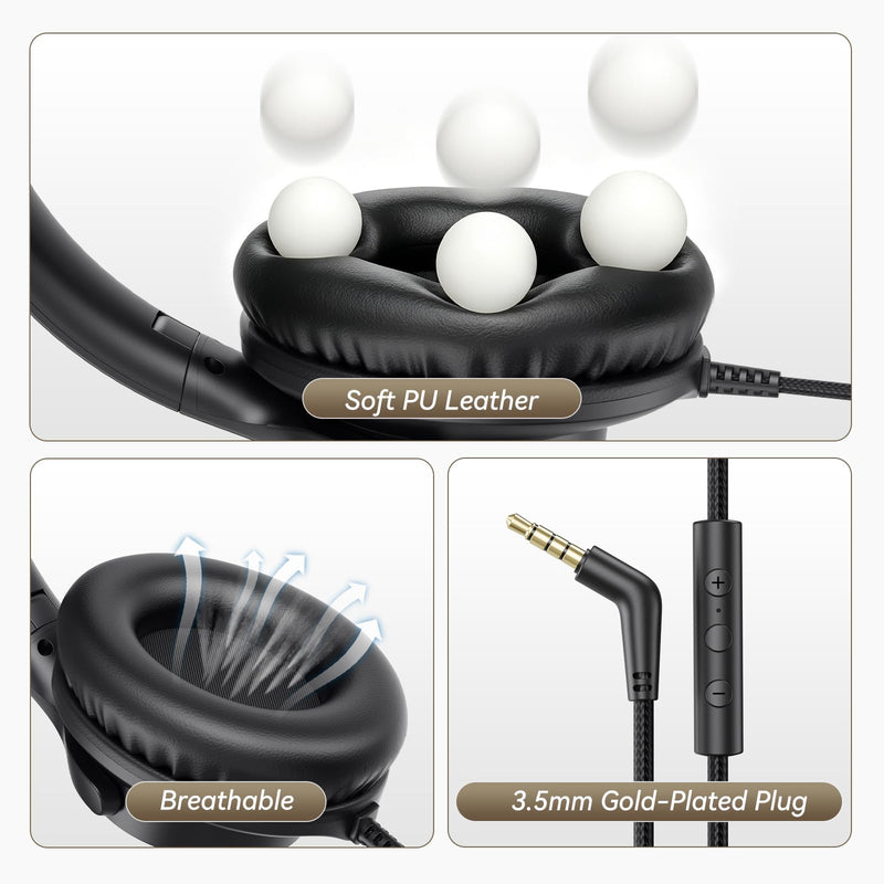 Wired Headphones with Mic, Over-Ear 3.5mm Corded Headphone for School Black | Foldable Plug in Headphones for Teens Classroom Travel, 4.9ft Tangle-Free Cord with Volume Control for Phone Tablet Laptop