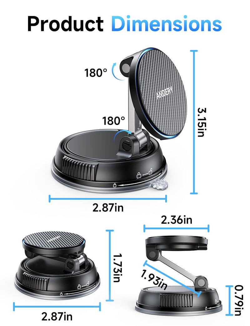 ANDERY Only for iPhone Magsafe Car Mount Charger, 15W Fast Wireless Charge | [78+LBS Strong Suction & 2400gf Magnetic] 360° Adjustable Car Mount Phone Holder, Car Interior Accessory with Dashboard Pad Carbon Fiber