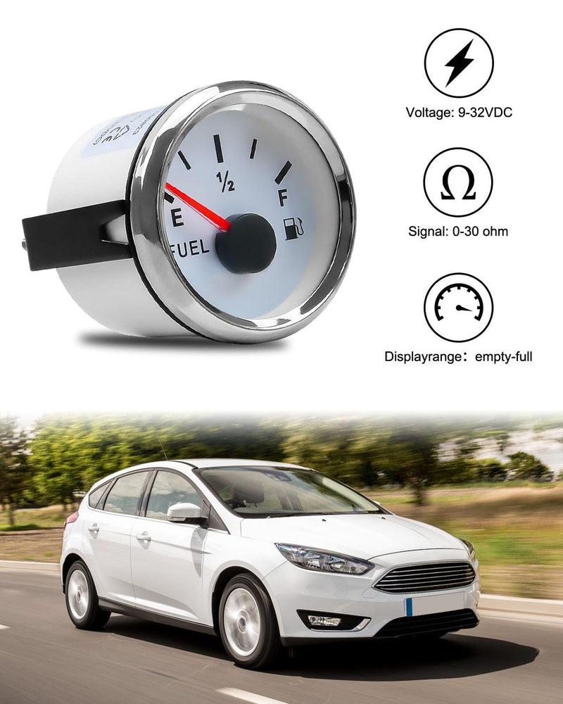 White 0-30 ohm Fuel Gauge Fit for Cars Motorcycles Ships Tractors Yachts, Fuel Level Gauge with LED Light and 52 mm Dial White