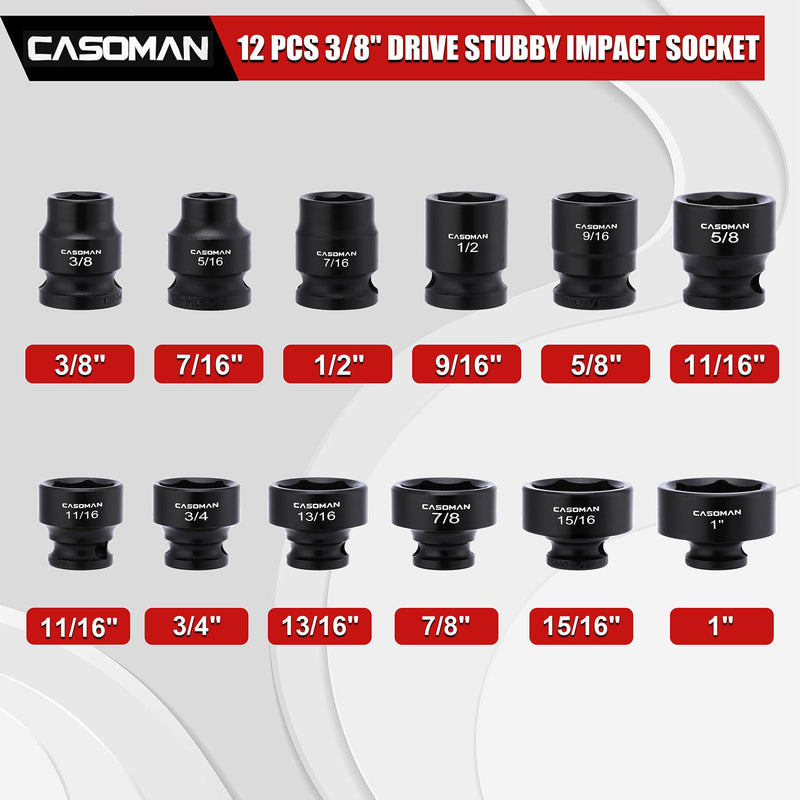 CASOMAN 12PCS 3/8" Drive Stubby Impact Socket Set, Low Profile, 5/16" - 1", SAE, CR-MO, 6-Point, 12 Pieces Shallow Socket Set for Automotive Maintenance, Repairs and DIY, for Tight Areas 3/8"Dr. 12-Piece (5/16" - 1")