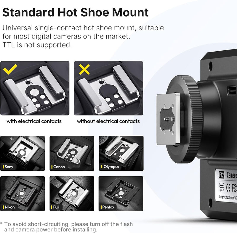 Ulanzi F12 Camera Mini Flash, GN12/CCT 5600K Speedlite for Canon Sony | Hot Shoe Mount External, Portable Flash Light For DSLR, Built-In Battery Rechargeable, for Nikon Panasonic Olympus Pentax Black