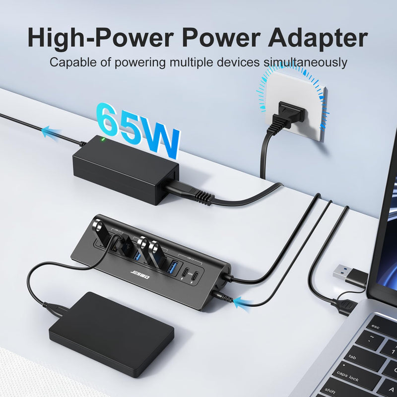 Powered USB Hub, 10Gbps 9-Port JESWO USB Hub, USB 3.2 45W Charging for PC | USB C Hub with 65W adapter, 2 USB 2.0 + 4 USB 3.0 + 3 USB 3.2 A+C ports, Aluminum for PC, Mac, laptop, desktop, and iPhone Black
