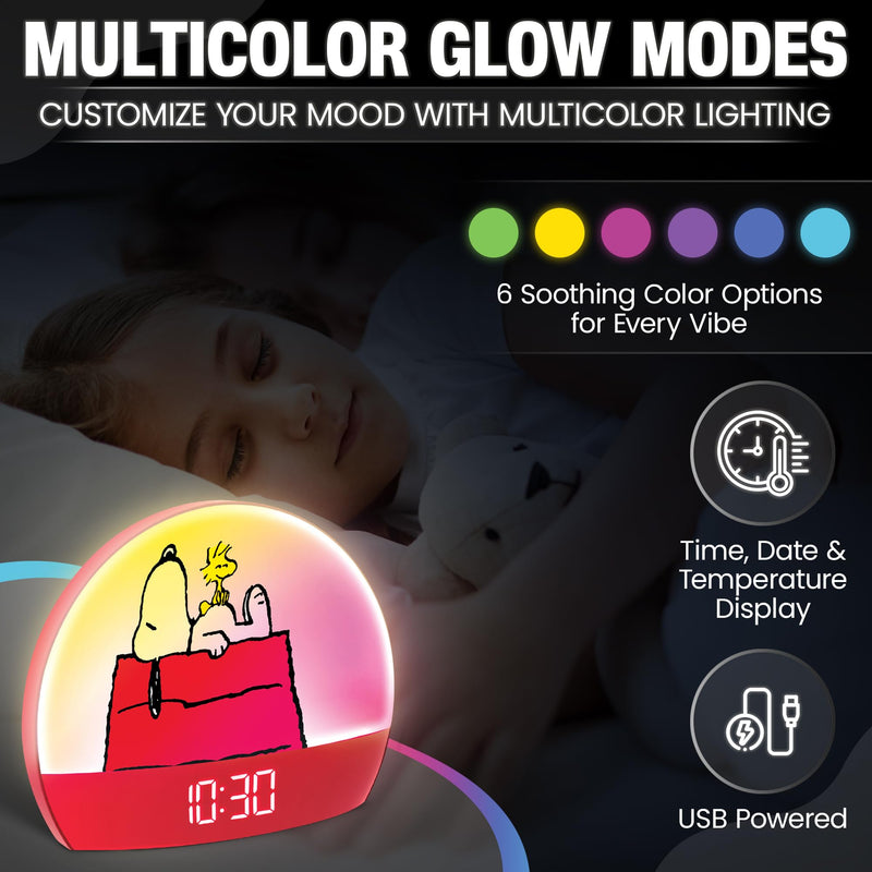 Peanuts Snoopy Sunrise Alarm Clock – Vibrant Snoopy Edition with Multicolor Lights, USB Charging, LED Display, Gentle Wake-Up Simulation, and Handy Snooze Function, Red