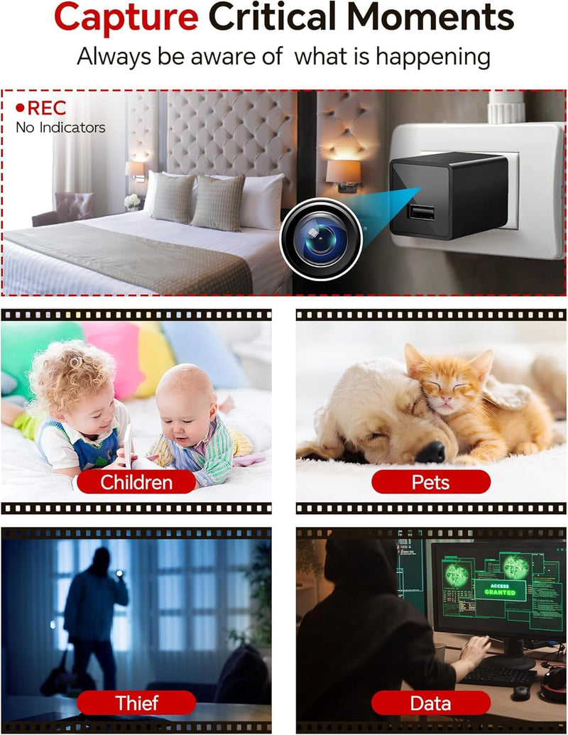 Asnaghi Camera Charger,HD 1080P, 64GB Nanny Cam Camera with Motion Detection,No Wi-Fi Needed