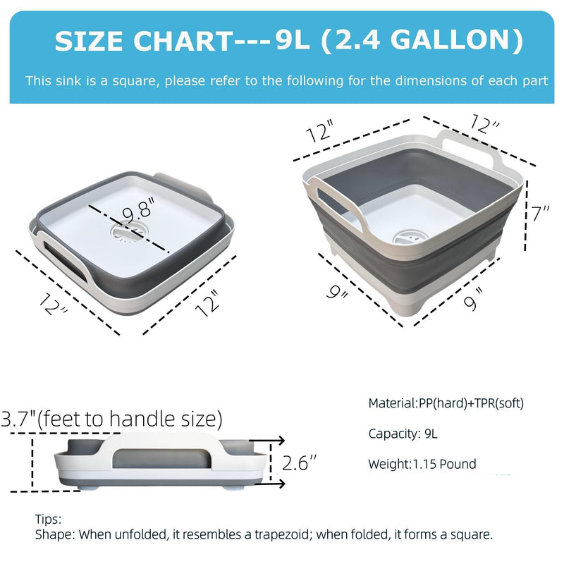 Collapsible Wash Basin 9L, Foldable Dish Tub with Drain Plug, Portable Collapsible Dish Basin, Camping Sink for Washing Dishes, Laundry & Kitchen Use,Gray Gray