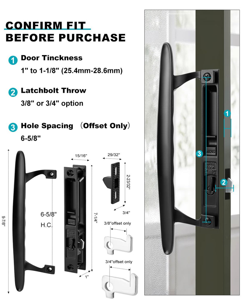 Keyed Sliding Patio Door Handle Set, Black Diecast Replacement Handle with Hook Lock, Fits 1" to 1-1/8" Thick Sliding Glass Doors, 6-5/8" Hole Spacing, Non-Handed Reversible Design 6-5/8" H.C Keyed