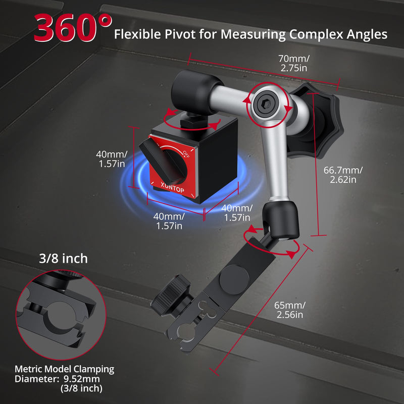 XUNTOP 0.03"/0.0005" Dial Test Indicator and 90lbs (40kg) Magnetic Base Magnetic Dial Indicator with 3 Adjustable Joints 3/8 Inch (9.52mm) Clamping Diameter for Lathe CNC 3D Printer Table Saw | Magnetic Dial Indicator with 3 Adjustable Joints 3/8 Inch ...