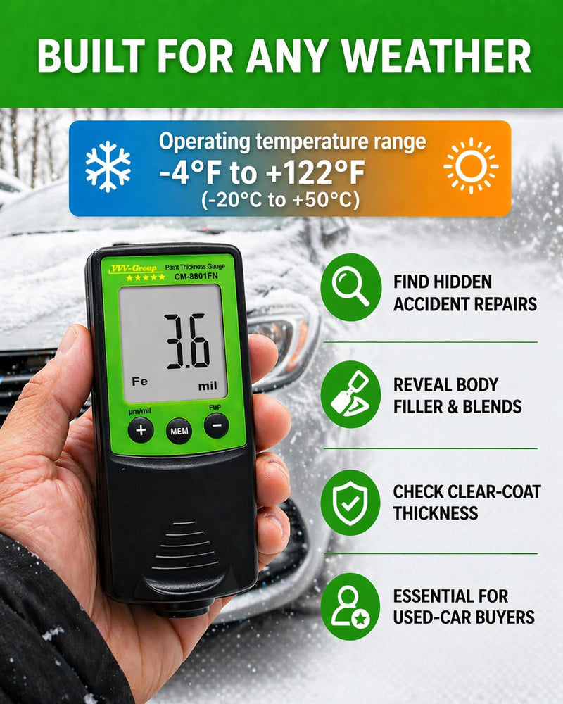 Paint Thickness Gauge CM-8801FN for Cars – Digital Coating Thickness Meter, Auto Fe/NFe Detection, 1 μm Resolution, 0–1250 μm (0–49 mils), ±(3%+2 μm) Accuracy, Automotive Inspection Tool