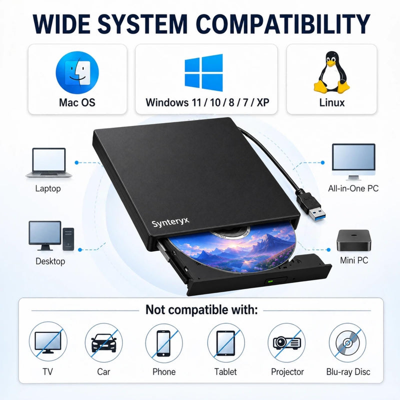 External CD DVD Drive, USB-A & USB-C CD Burner for Laptop, PC & Mac | Portable DVD Burner & CD Reader Writer, Play & Burn 2-in-1 External Disc Drive Compatible with Windows, macOS & Linux 2-in-1-Matte Black