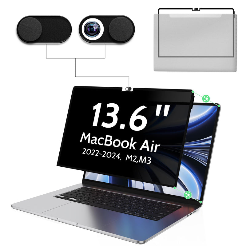 Privacy Screen for MacBook Air 13.6 Inch M2/M3(2022-2024)-A2681 A3113, Anti Blue Light Glare Filter Removable Computer Protector, Bubble-Free Monitor Shield Black Laptop Film With Camera Cover