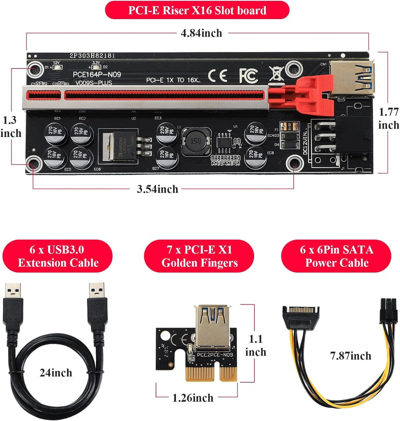 VER009S-PLUS PCI-E 1X to 16X Riser Card, 8 Solid Capacitors,6 PIN SATA Power Cable, 60cm USB 3.0 Extension Cable, Suitable for GPU Bitcoin Ethereum Mining (6 Pack)