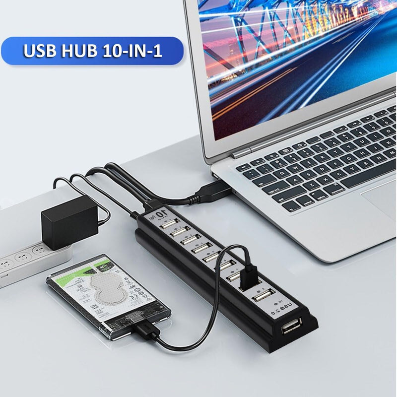 USB Hub 10-Ports, USB Hub Extender Network Splitter Adapter Fast Charging/Data Transfer with Powered, for MacBook, PC, Laptop, Mice, Keyboards USB Hub 10-Ports