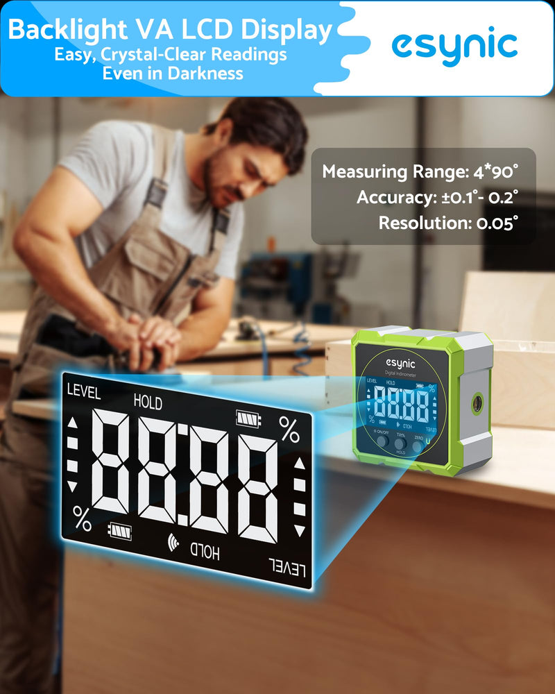 eSynic Rugged Digital Angle Finder with Laser-Type-C Rechargeable Digital Inclinometer-Waterpoof-4-Sides Magnetic Angle Gauge-Clear LCD Display for Construction (Laser Level: Class II Output: 0.51mW)