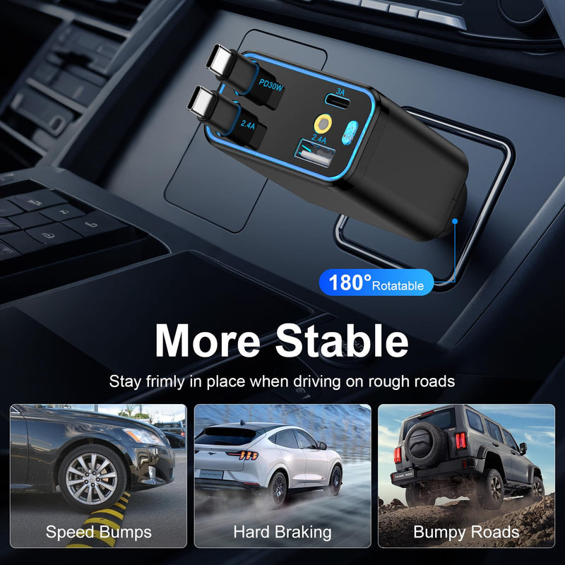 Retractable Car Charger with Starlight for Samsung Galaxy S26 Ultra/A17/A16 | 47W Starlight in Car Roof 4 in 1 Super Fast USB C & USB A Car Phone Charger Adapter for iPhone 17e/16e/17/16/15/14/13 Pro Max black