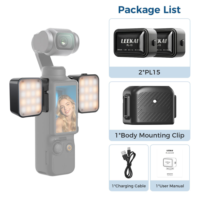 2PCS Magnetic Mini LED Fill Light Auxiliary Light for DJI OSMO Pocket 4/3 | LEEKAI PL15 CRI≥95, 3-Color Temp 2500-6500K Brightness Adjustable, 1.5W Rechargeable 500mAh with Camera Body Mount Mount with TwoLights