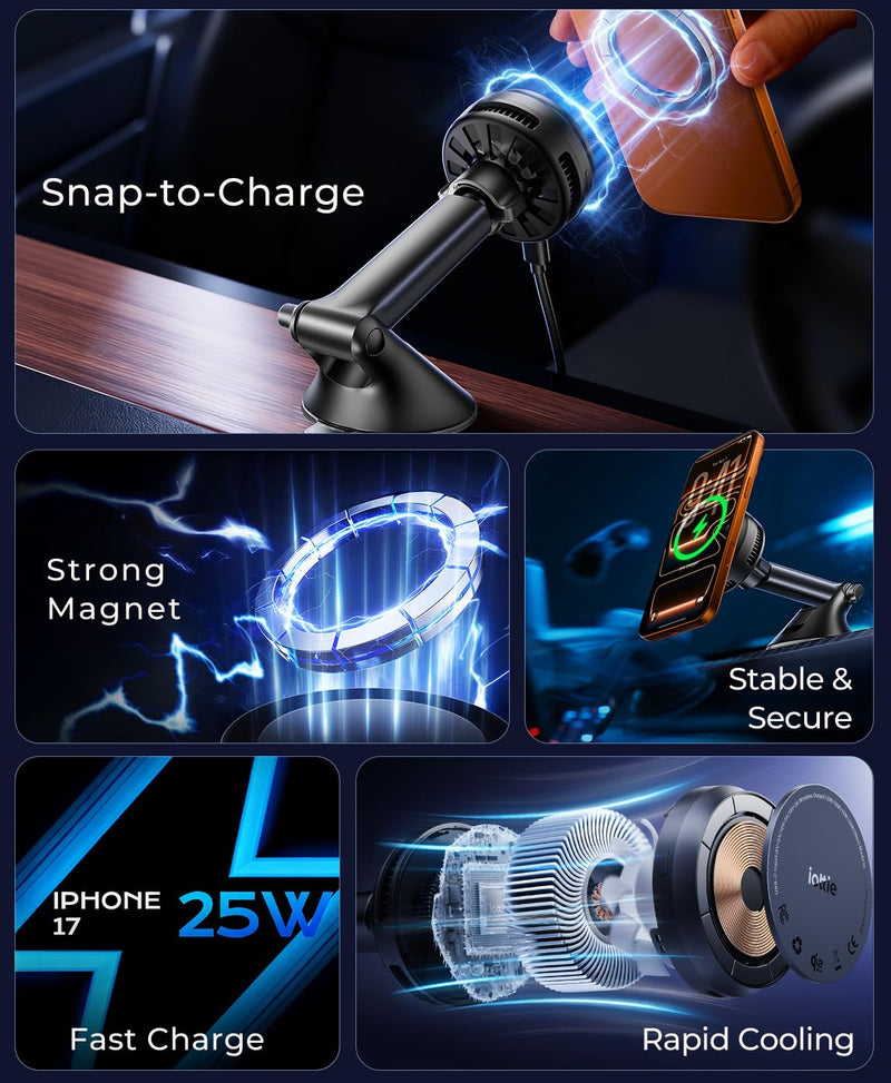 iOttie Velox Pro Qi2.2 25W Fast Charging Magnetic Wireless Car Charger, Dash & Windshield Mount, Built-in Fan Cooling, for iPhone 12/13/14/15/16/17, USB-C Cable & 45W Car Charger Included
