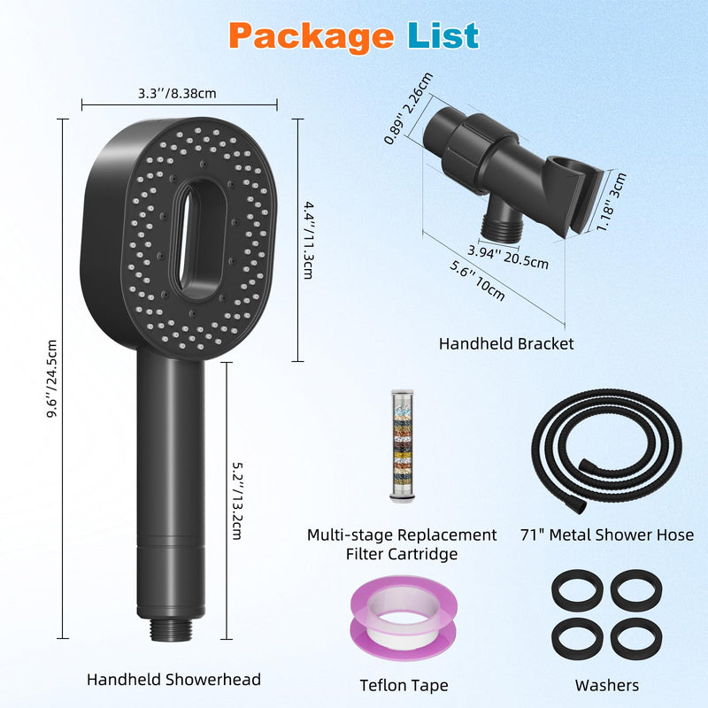 Hibbent Filtered Showerhead with handheld, High Pressure 5 Sprays Handheld Shower Head with Brass Holder & 71" Metal Hose, Water Softener for Hard Water-Remove Chlorine, Reduces Dry Itchy Skin, Black Showerhead with 1 Filter Matte Black