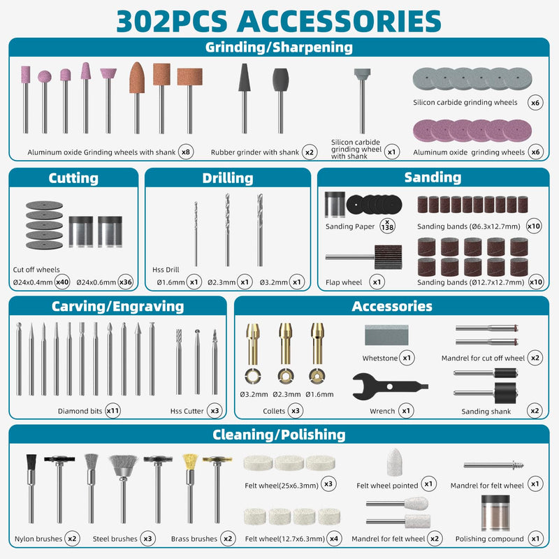 302PCS Rotary Tool Accessories Kit, 1/8-Inch Diameter Shanks Universal Fitment, Rotary Tool Bits for Cutting, Sanding, Grinding, Carving, Polishing, Drilling and Engraving