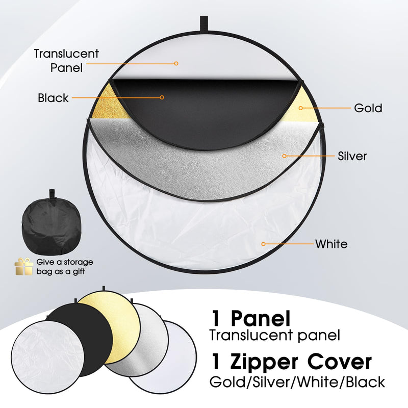 5-in-1 Light Reflector 43 Inch/110 cm Photography Diffuser Collapsible Portable with Bag，Gold Silver White Black Translucent for Studio and Outdoor Lighting (43'' (110cm)) 43'' (110cm)