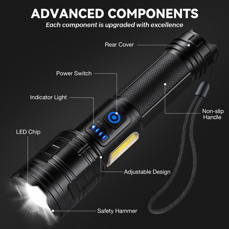 Flashlight Rechargeable 99,000 High Lumen - 2 Pack LED Flash Light with COB, 7 Modes Powerful Handheld Flashlight for Home, Camping
